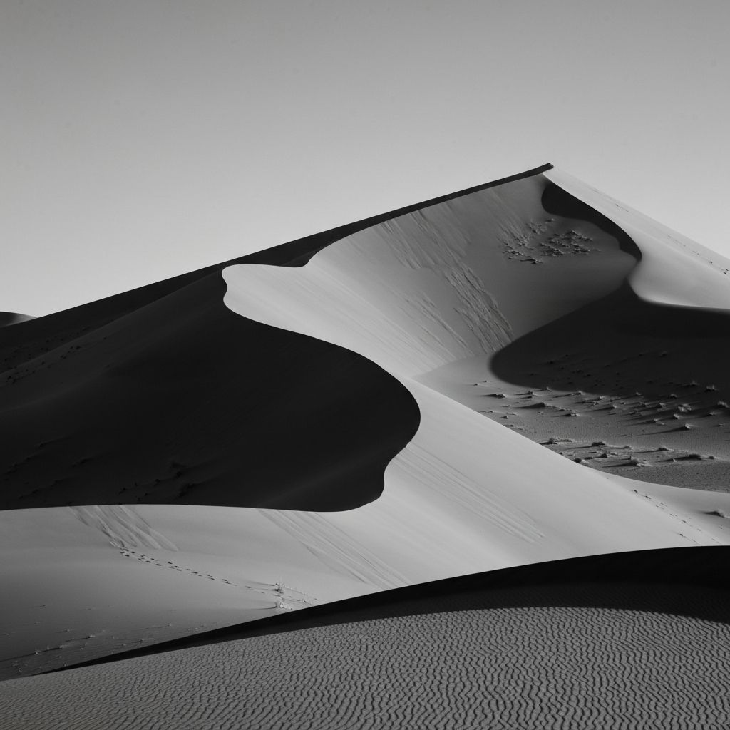 Wind-shaped sand ridges photographed in warm monochrome